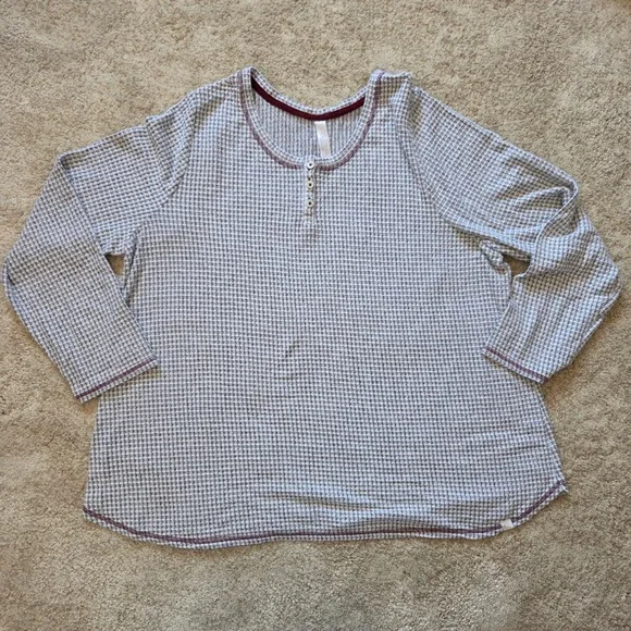 Cacique Sleep Womens Plus 18/20 Grey Waffle Knit Thermal Pajama Set Henley Pants - Picture 2 of 9